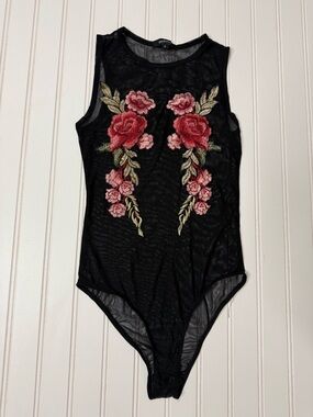Black Mesh One-Piece with Pink Rose Embroidery